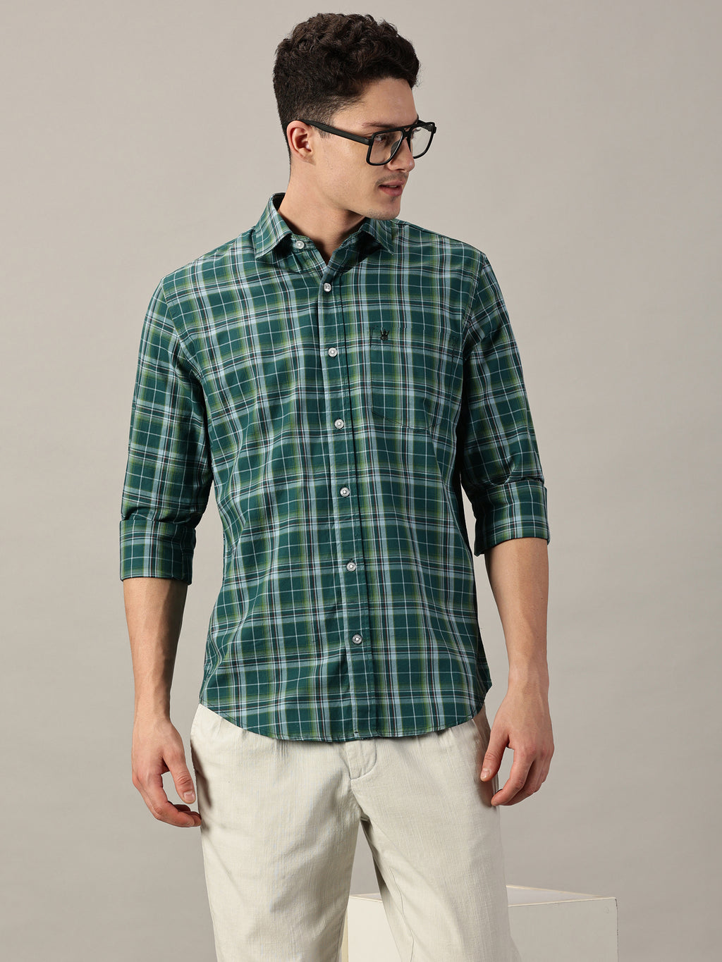 Green Windowpane Men’s Giza Twill Check Shirt | Full Sleeve | Slim Fit