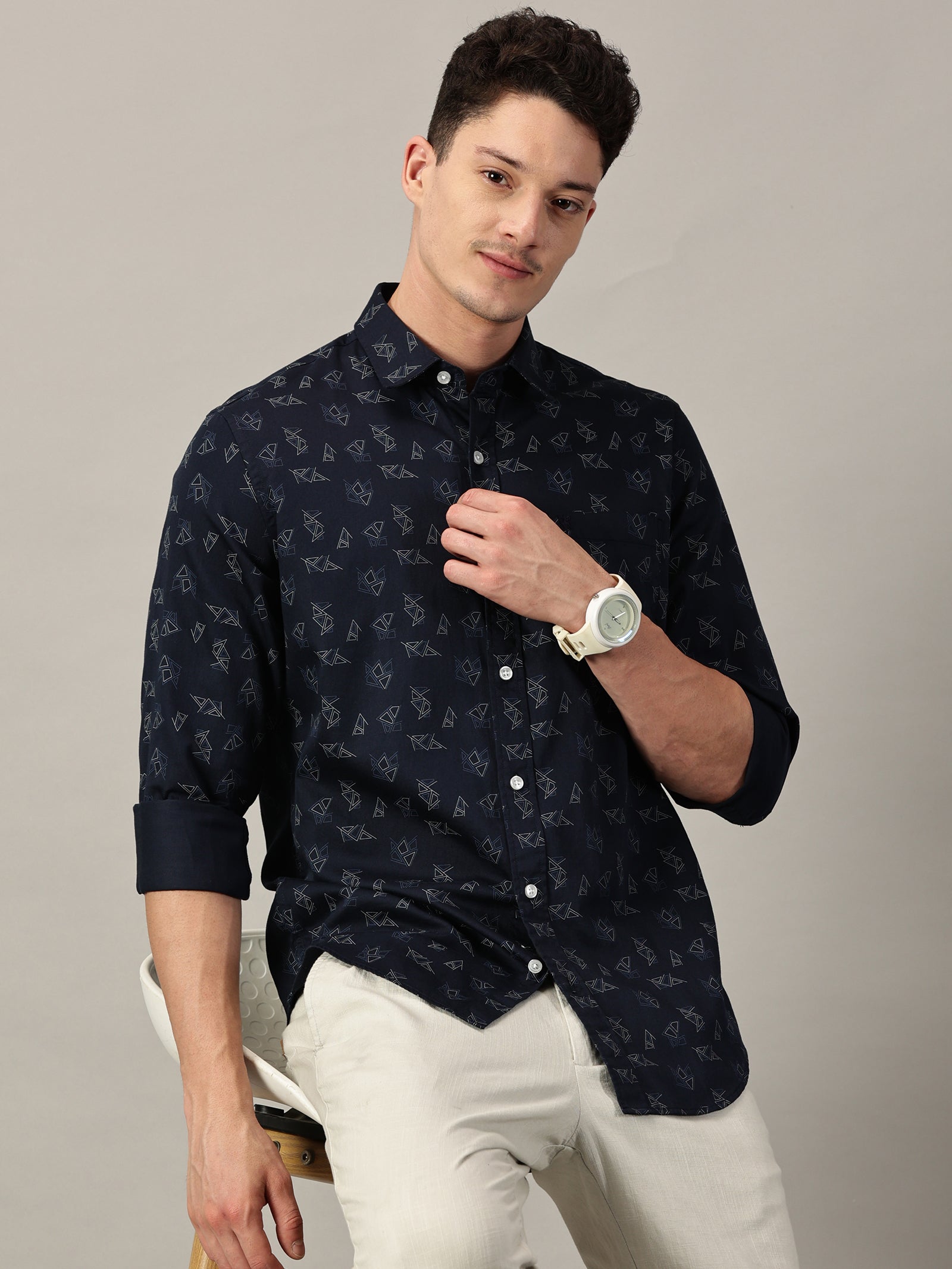 Deep Navy Geo‑Pattern Printed Satin Shirt | Full Sleeve | Slim Fit