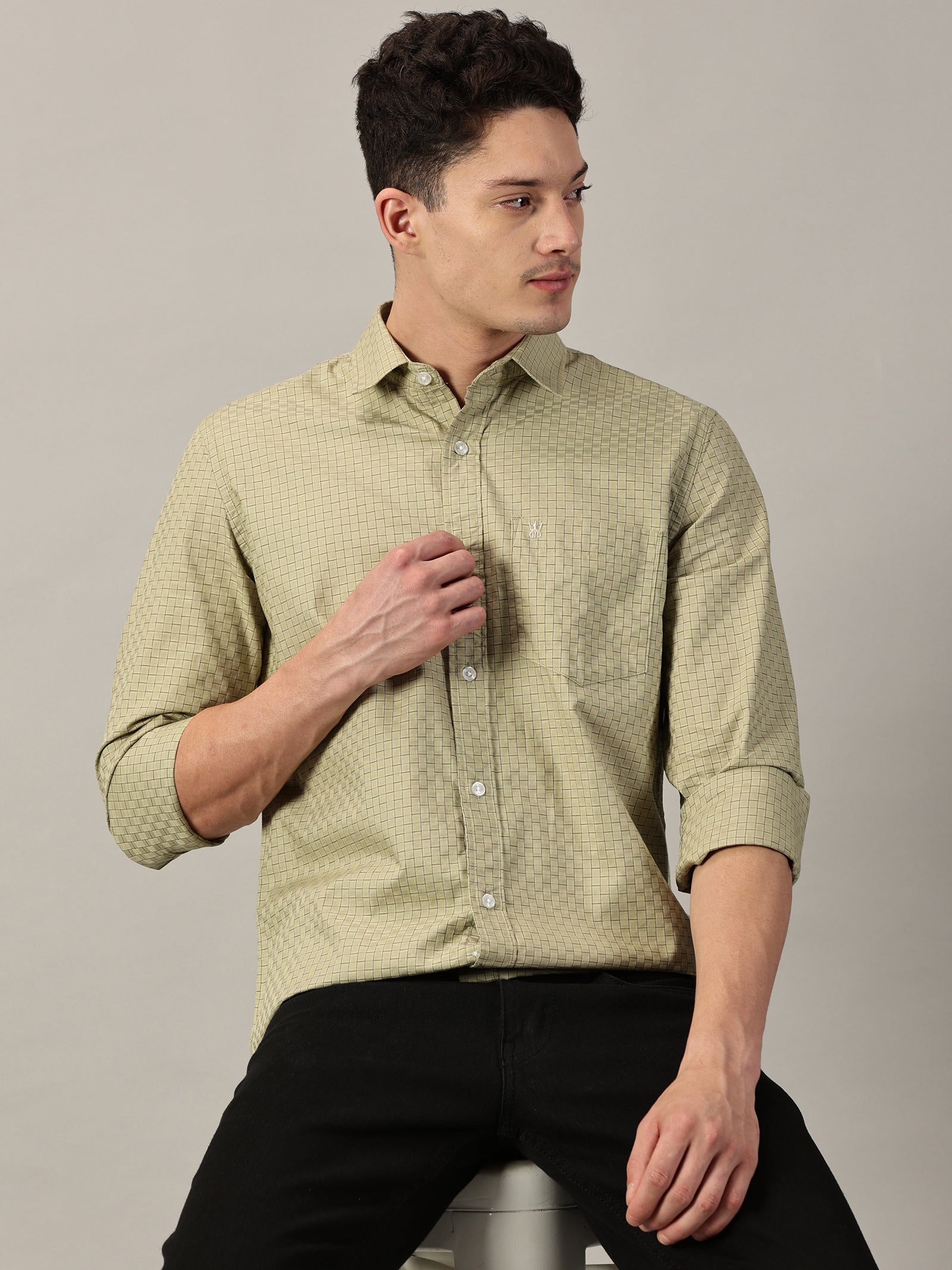 Rugged Olive Dobby Extra Fine Men’s Micro Check Shirt | Full Sleeve | Slim Fit
