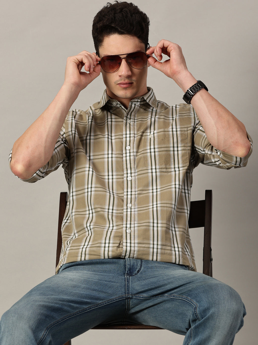 Khaki & Olive Men’s Cotton Checkered Shirt | Full-Sleeve | Slim Fit