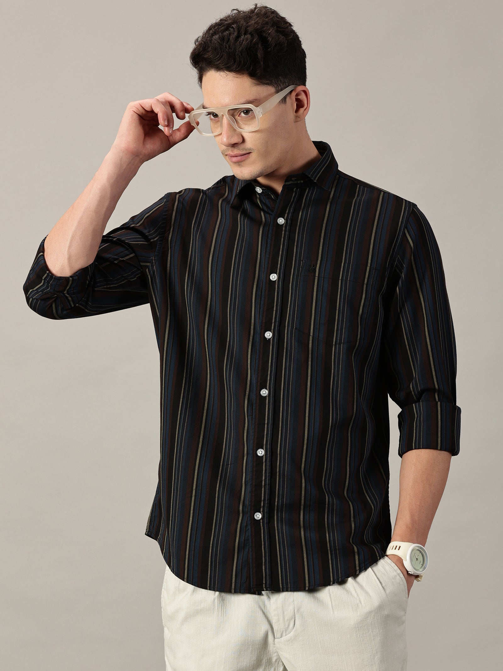 Men's Harbor Blue Multi-Stripe Giza Twill Shirt | Full Sleeve | Slim Fit