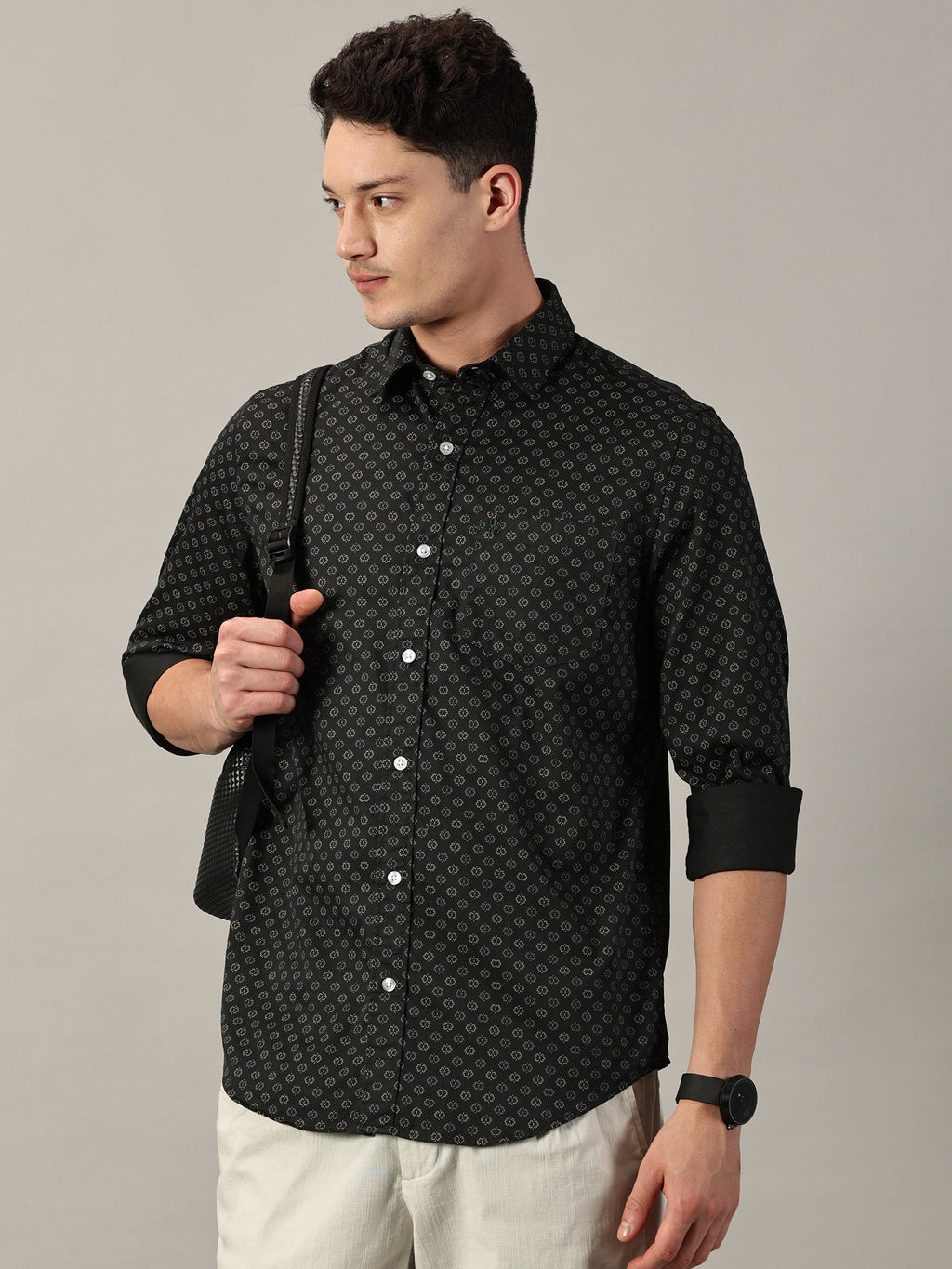 Forest Night Geo‑Dot Micro Pattern Satin Printed Shirt | Full Sleeve | Slim Fit