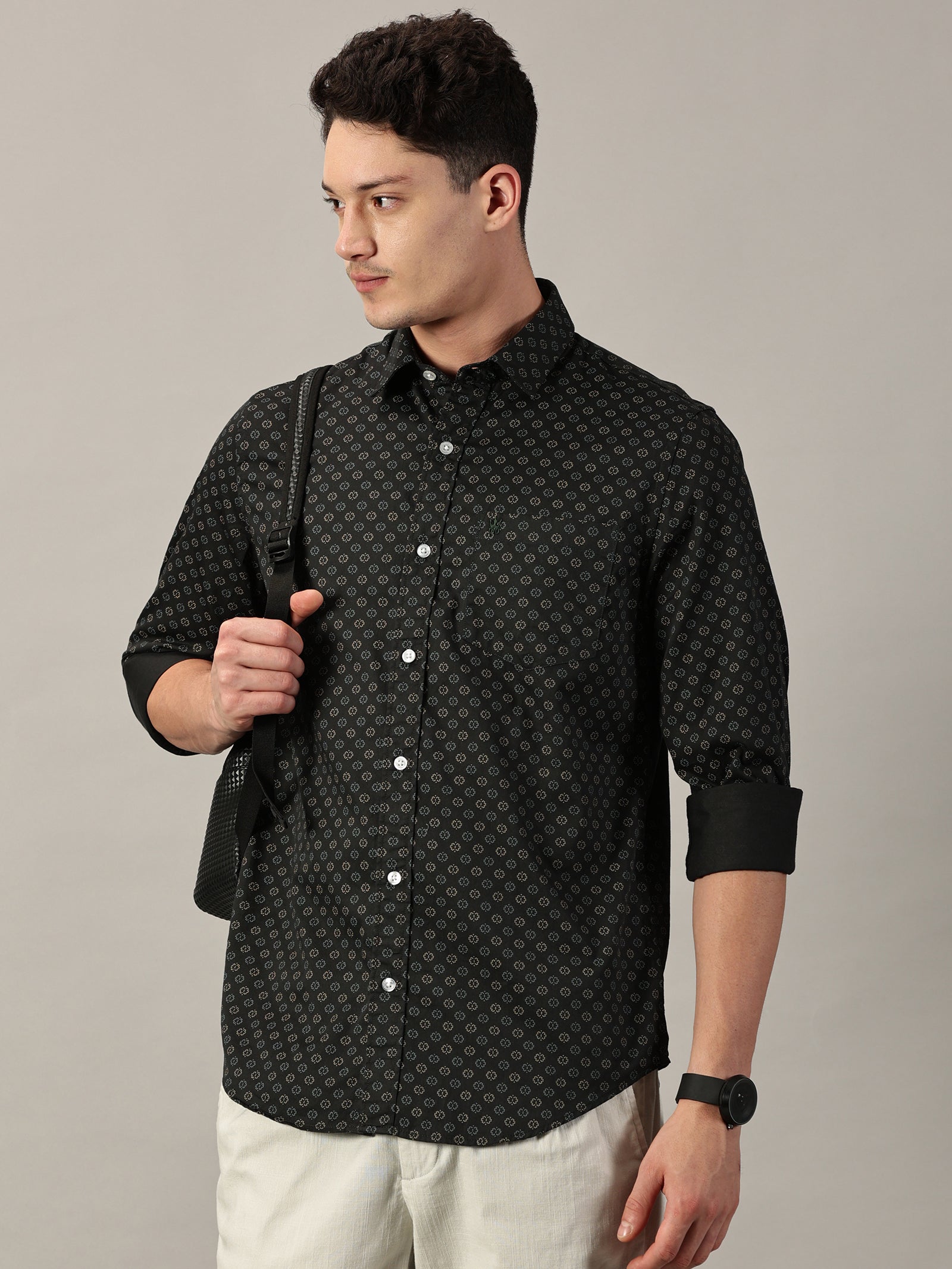 Forest Night Geo‑Dot Micro Pattern Satin Printed Shirt | Full Sleeve | Slim Fit
