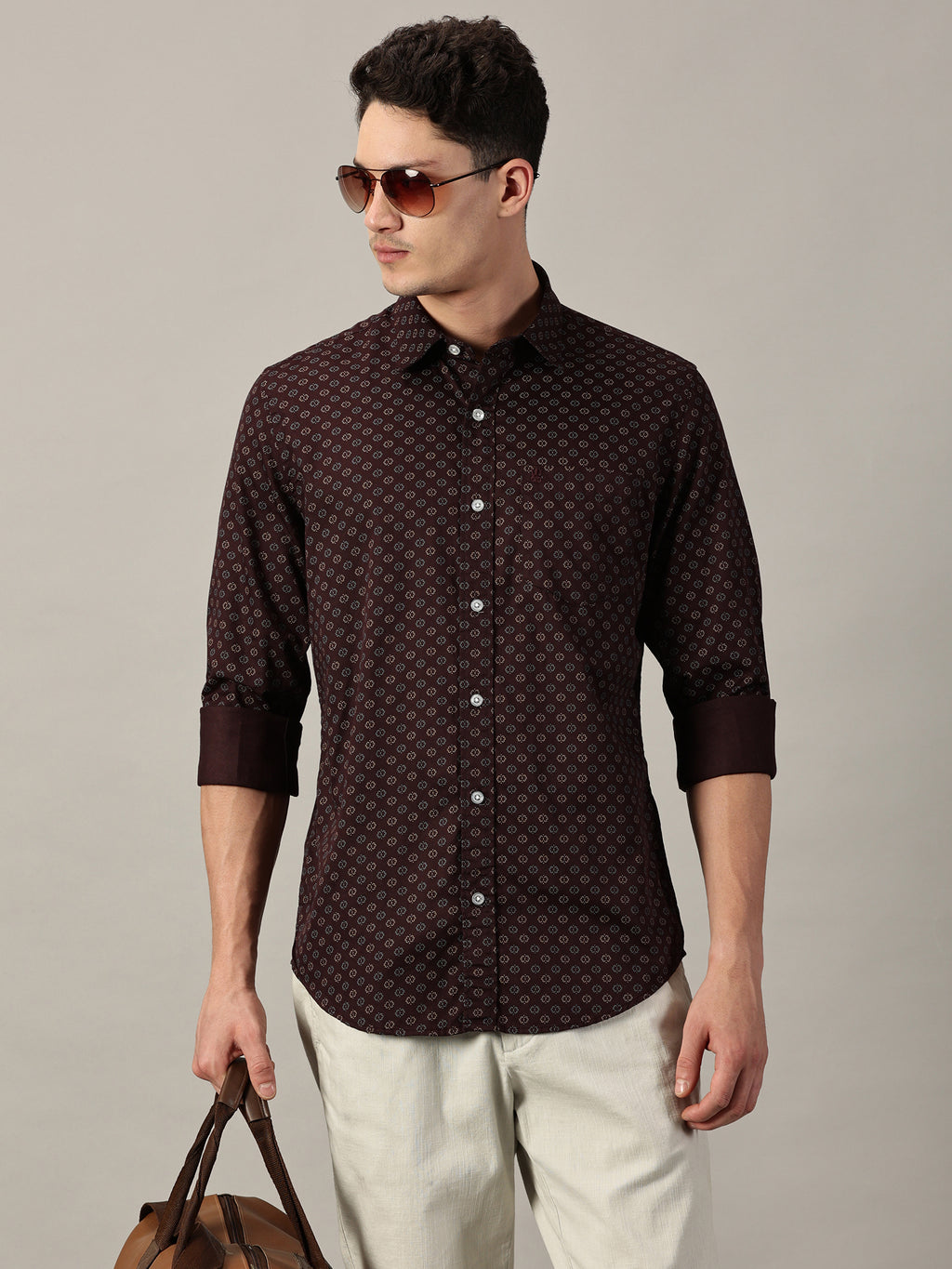 Maroon Geo-Dot Micro Pattern Satin Printed Shirt | Full Sleeve | Slim Fit