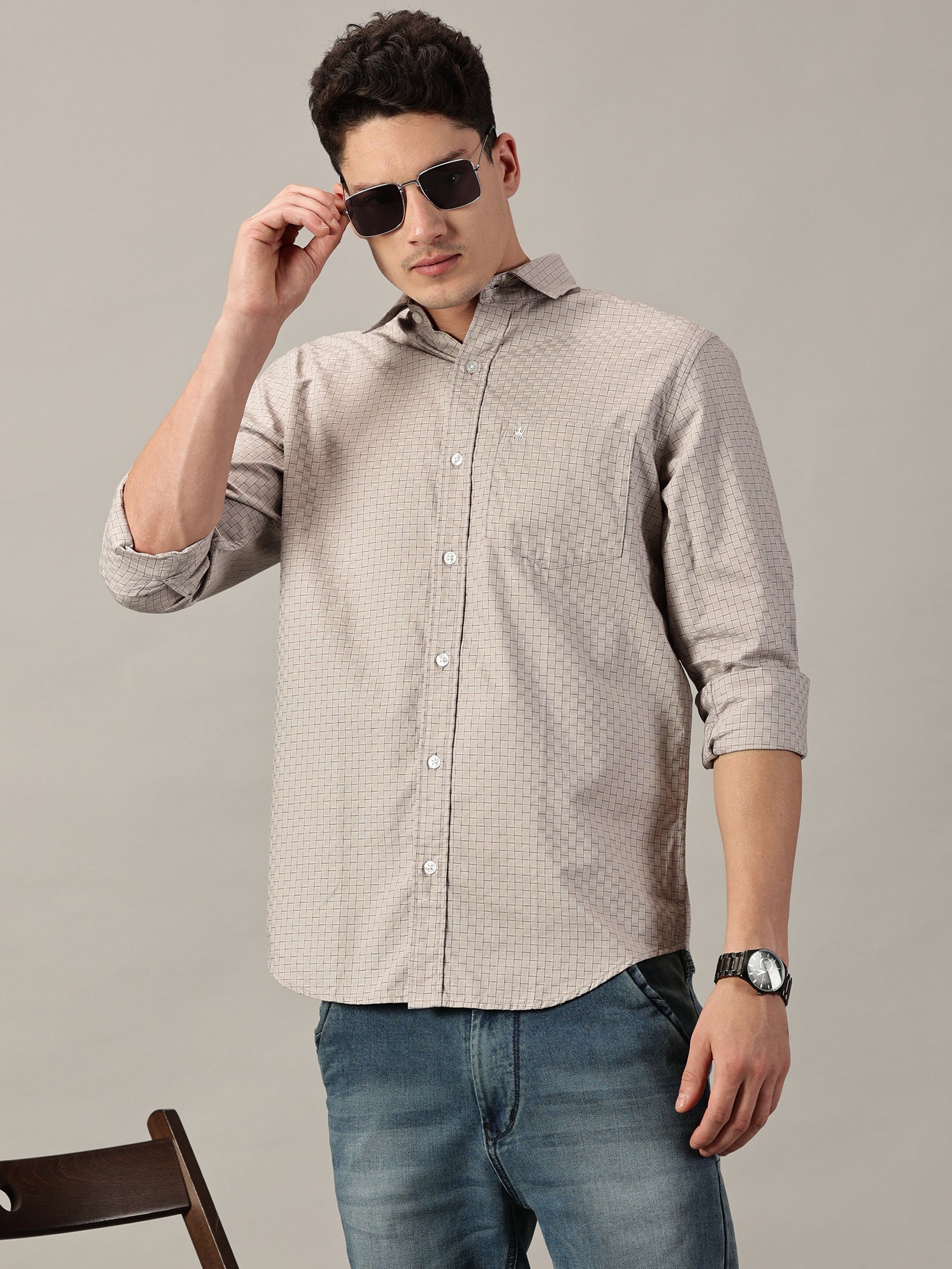 Sandcrest Beige Dobby Extra Fine Men's micro Check Shirt | Full Sleeve | Slim Fit