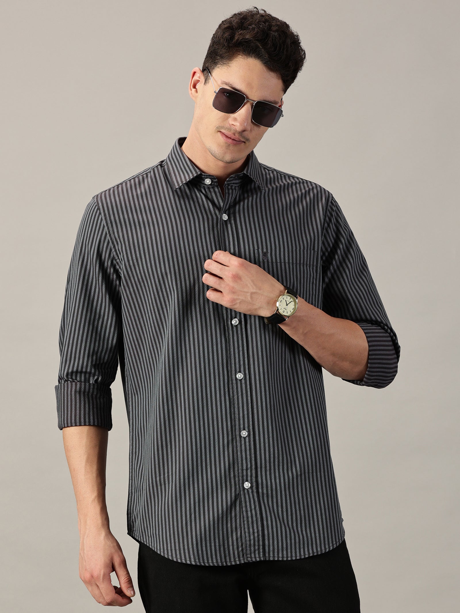 Two- Tone Navy Geometric Dobby Extra Fine Men’s Micro Stripe Shirt | Full Sleeve | Slim Fit