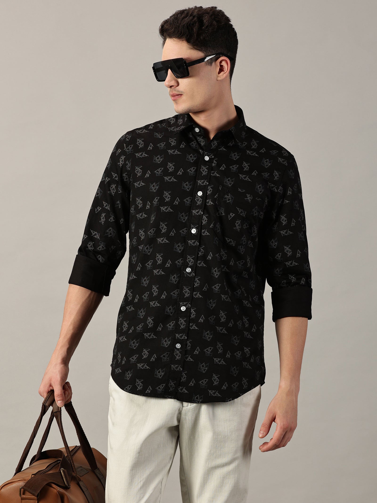 Midnight Black Geo‑Pattern Printed Satin Shirt | Full Sleeve | Slim Fit