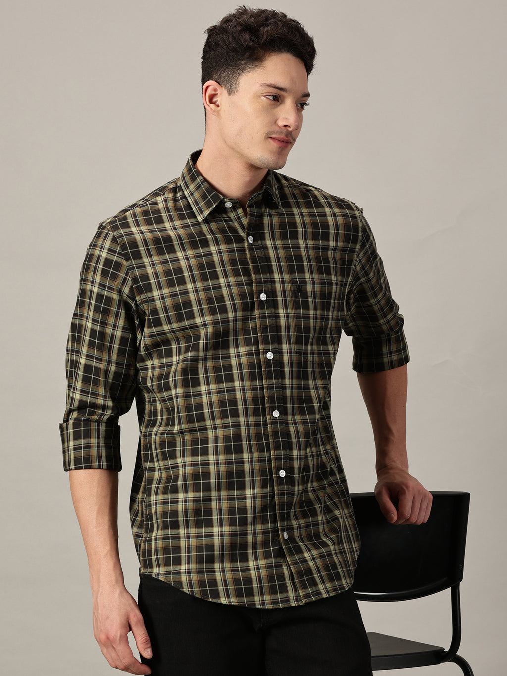 Black & Olive Men’s Giza Twill Checked Shirt | Full Sleeve | Slim Fit