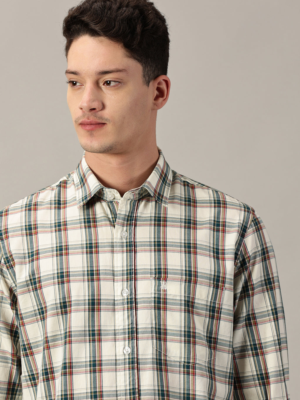 Urban Heritage Giza Twill Off-White Base with Forest Green Check Shirt | Full- Sleeve | Slim Fit