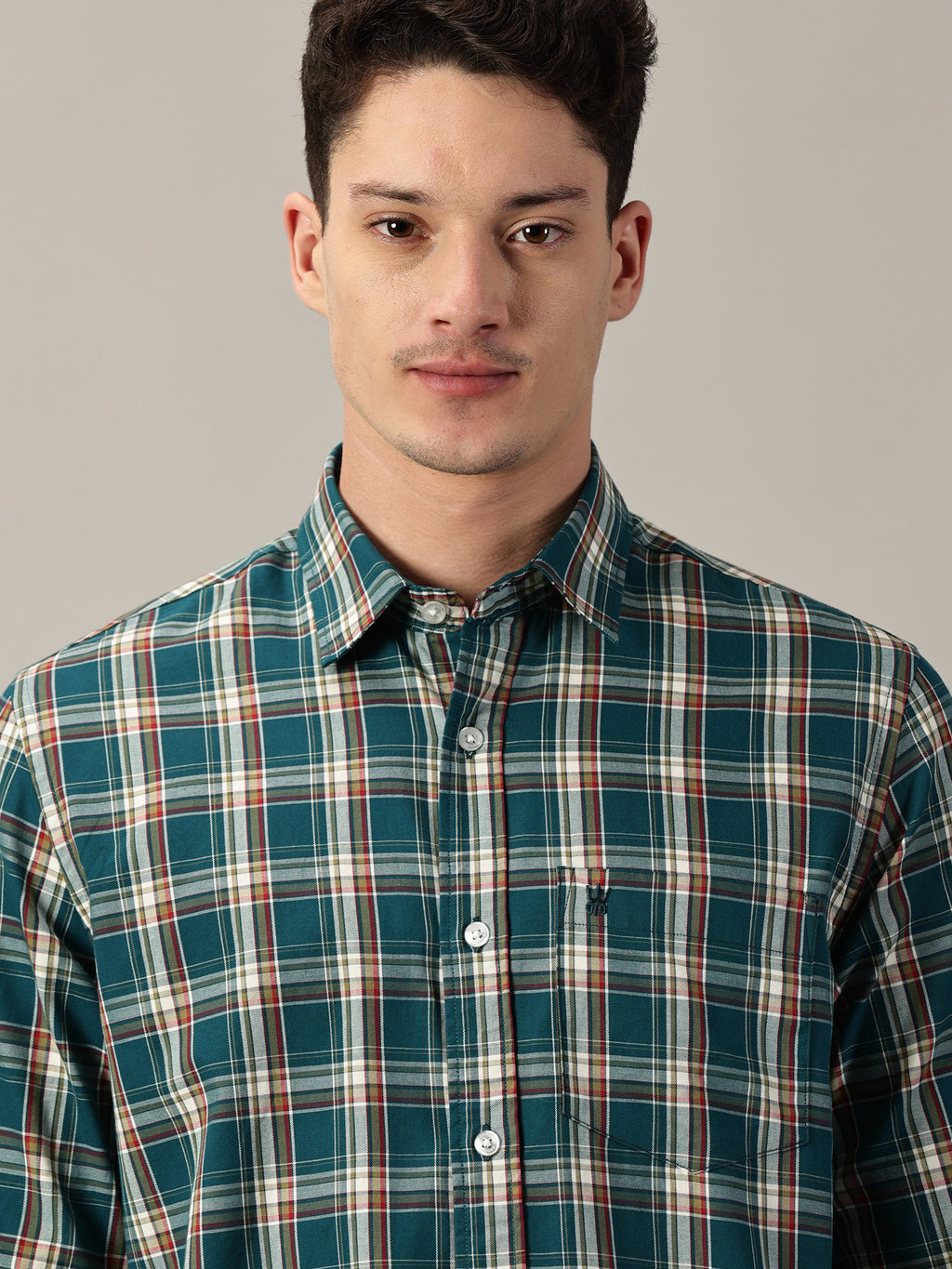 Teal Green Checkered Giza Twill Shirt | Full-Sleeve | Slim Fit