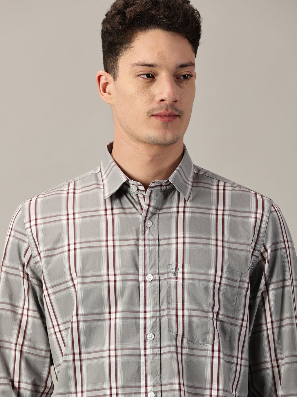 Grey & Maroon Men’s Cotton Checkered Shirt | Full-Sleeve | Slim Fit