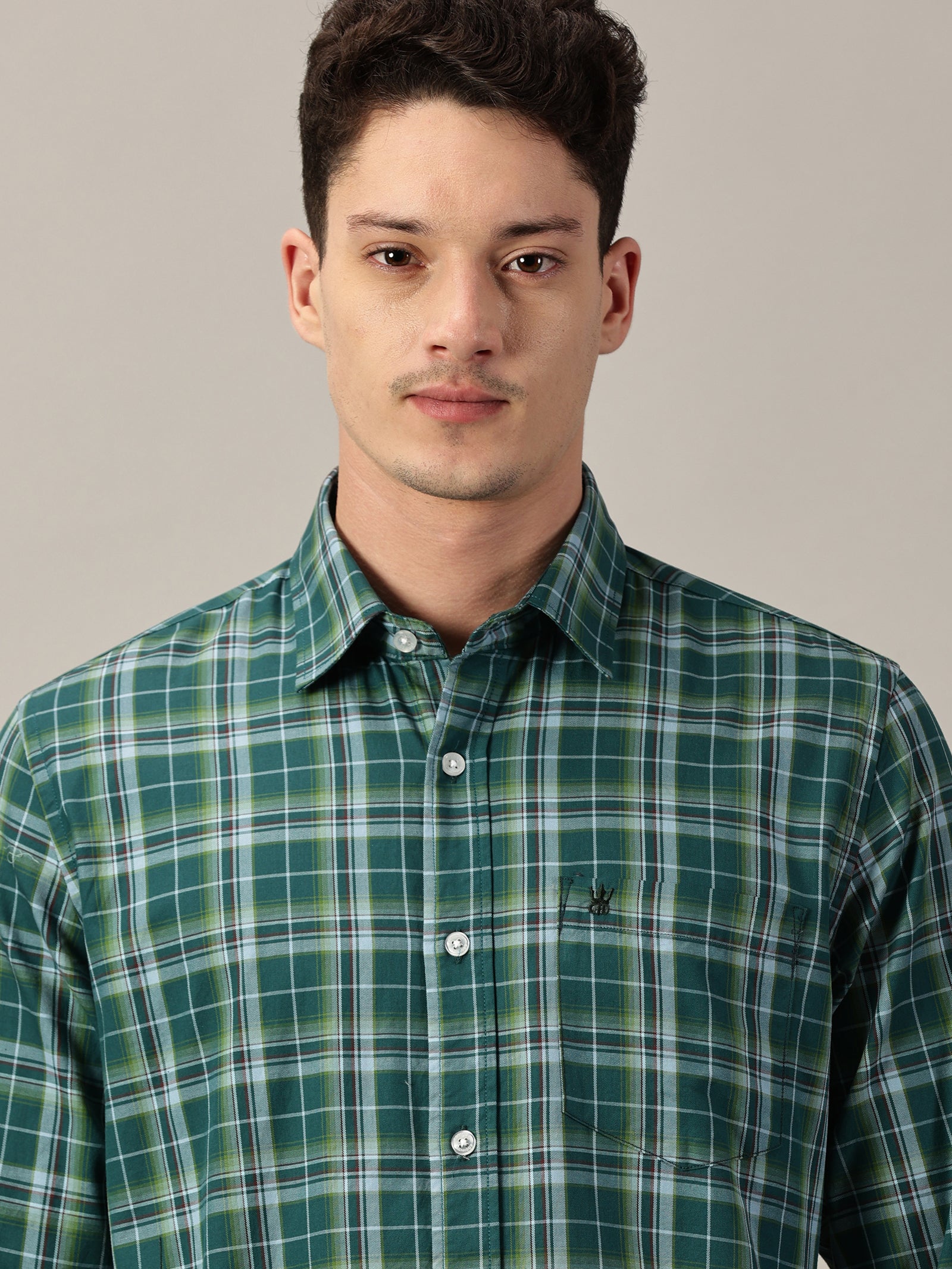 Green Windowpane Men’s Giza Twill Check Shirt | Full Sleeve | Slim Fit