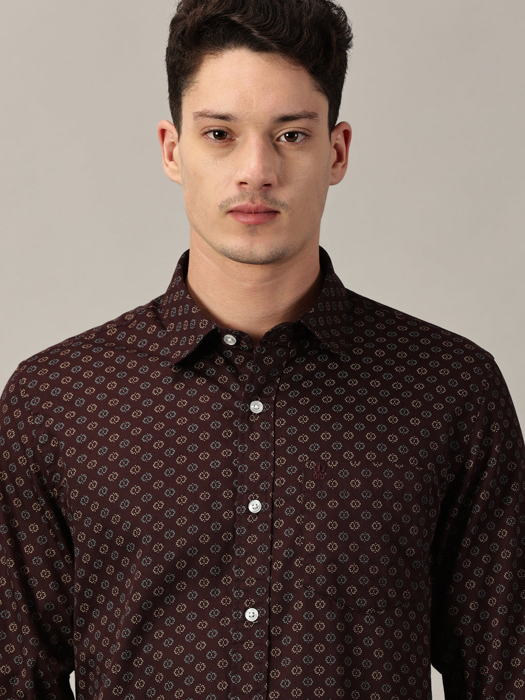 Maroon Geo-Dot Micro Pattern Satin Printed Shirt | Full Sleeve | Slim Fit