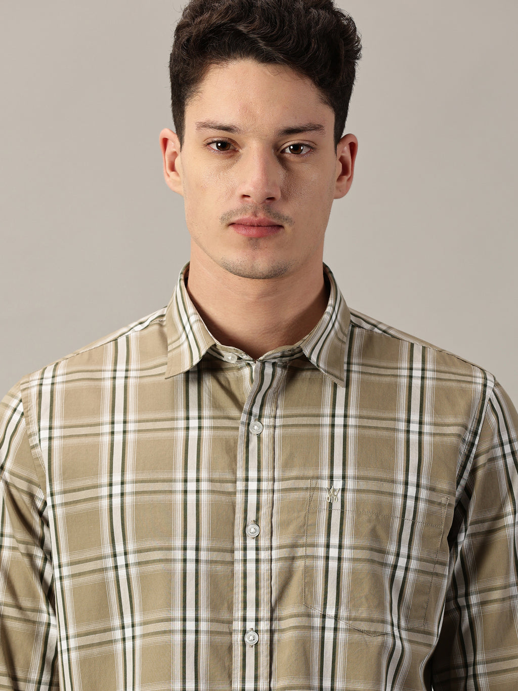 Khaki & Olive Men’s Cotton Checkered Shirt | Full-Sleeve | Slim Fit
