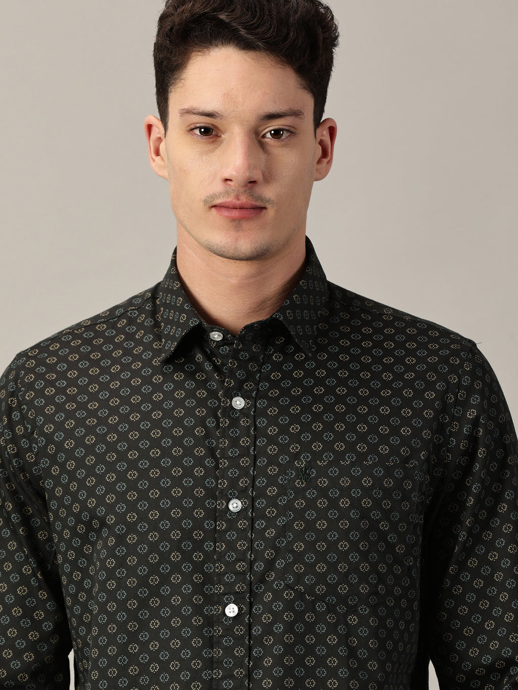 Forest Night Geo‑Dot Micro Pattern Satin Printed Shirt | Full Sleeve | Slim Fit