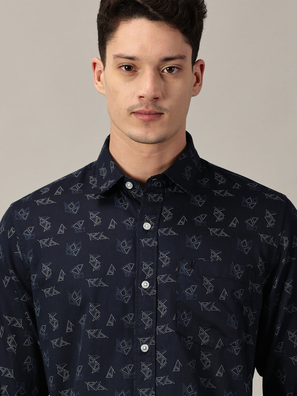 Deep Navy Geo‑Pattern Printed Satin Shirt | Full Sleeve | Slim Fit