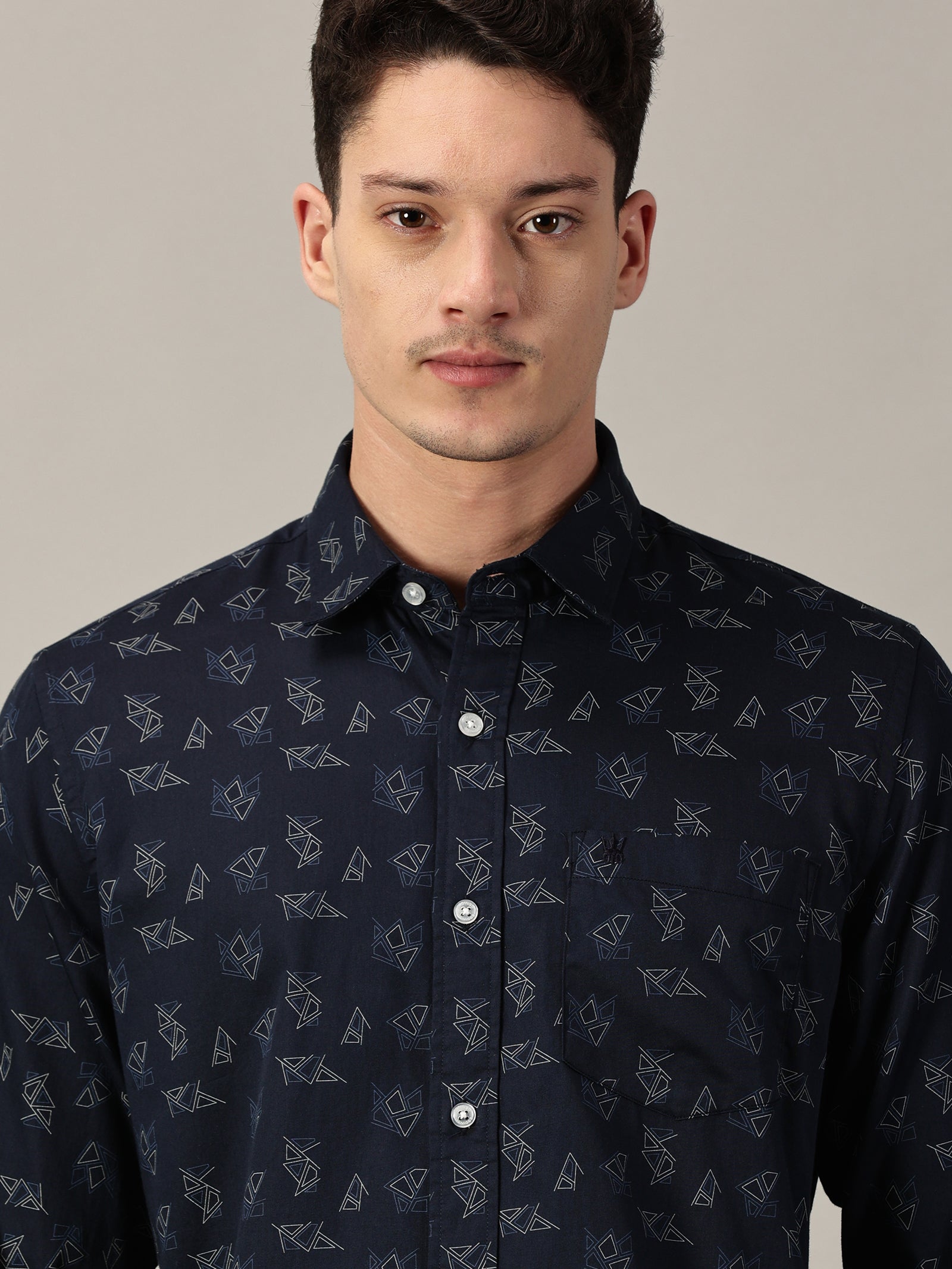 Deep Navy Geo‑Pattern Printed Satin Shirt | Full Sleeve | Slim Fit