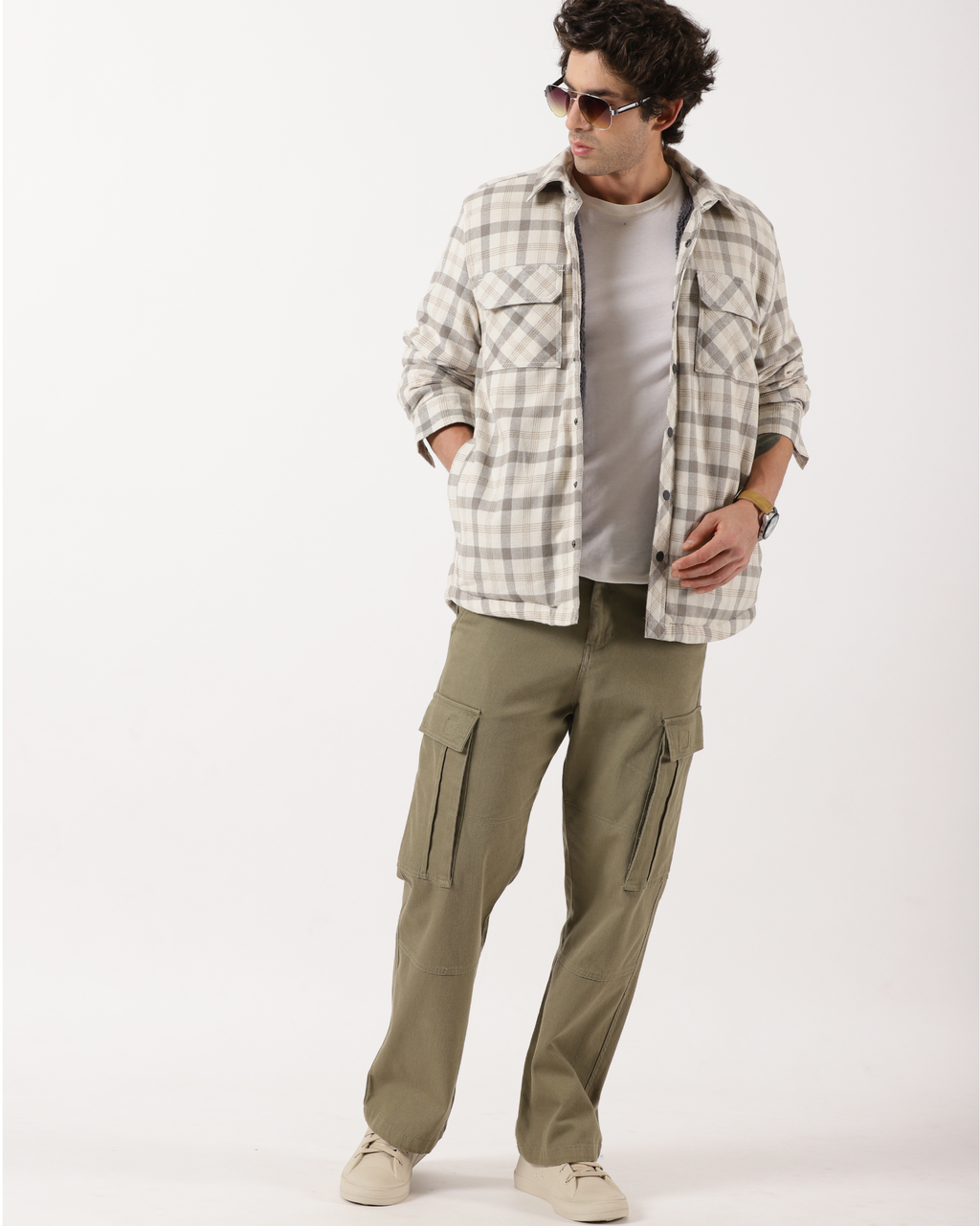 Cream & Beige Men's Fleeece - Lined Checked Shacket