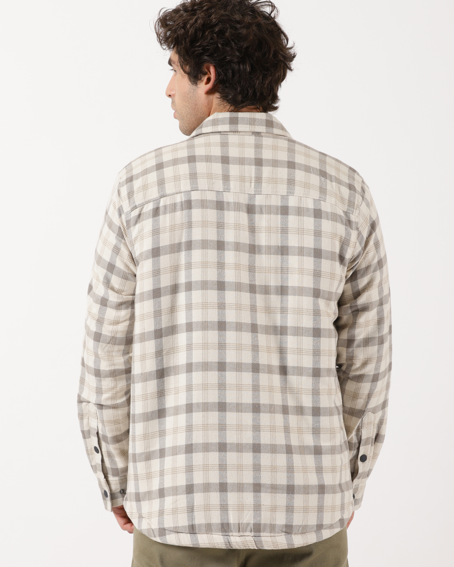 Cream & Beige Men's Fleeece - Lined Checked Shacket